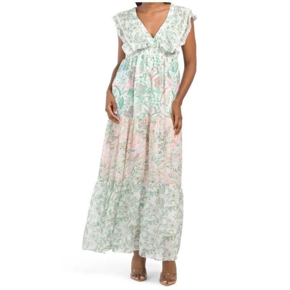 House of Harlow 1960 Pastel Floral Lace Trim Tiered Maxi Dress‎ Size Medium